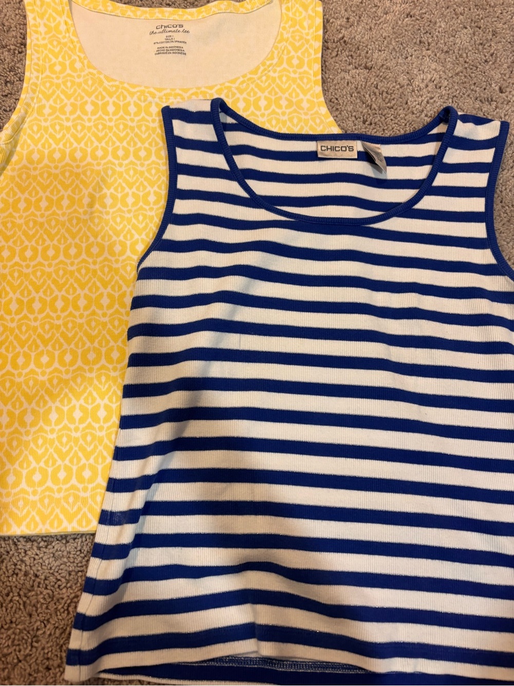 Chico's Blue & White Striped Tank Top with Yellow Printed Tank